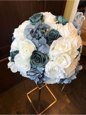Artificial Rose and Hydrangea Bouquet - White and Teal